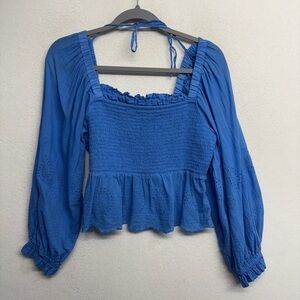 American Eagle Smocked Blue Long Sleeve Blouse L
